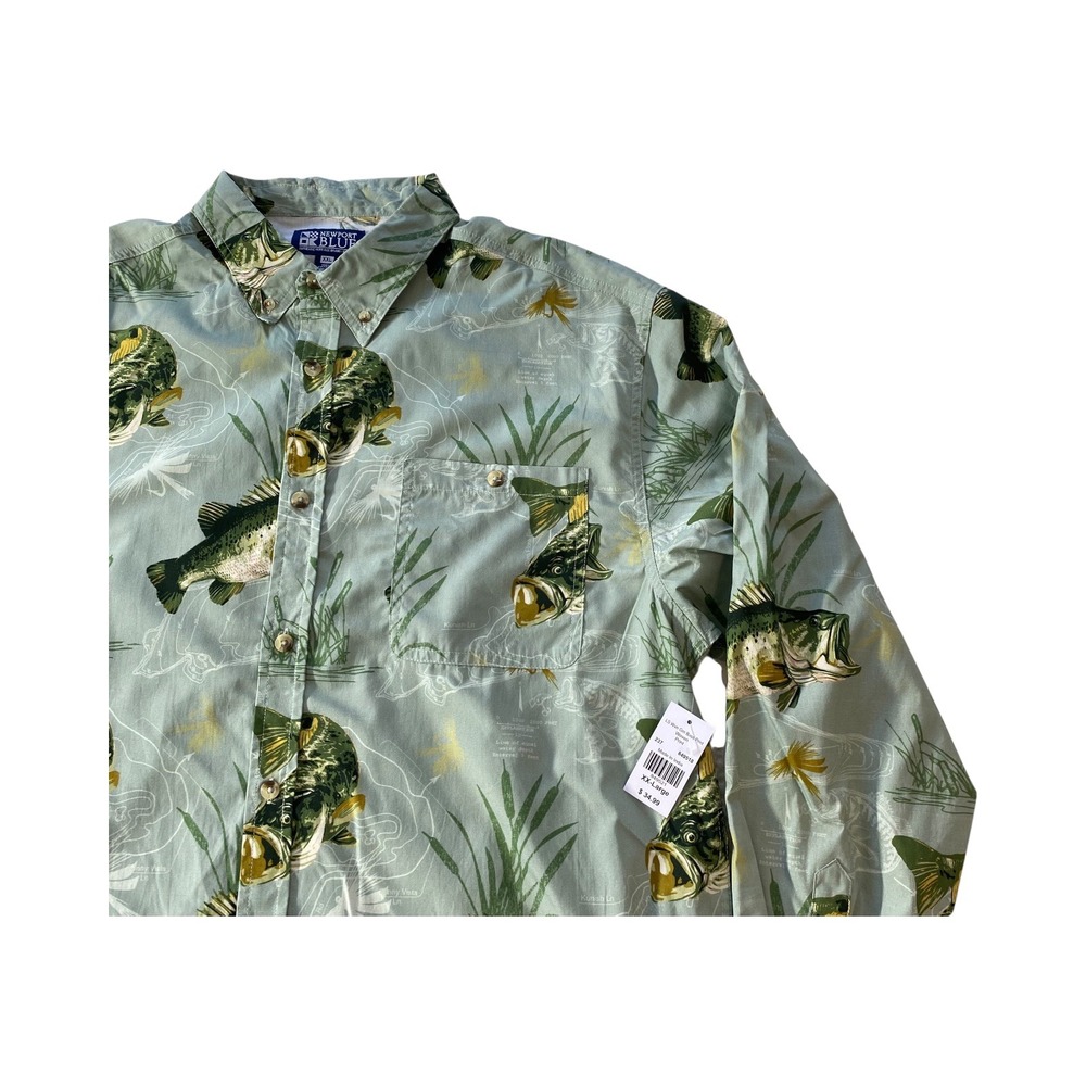 Newport Blue‎ XXL Fishing Bass Graphic Button Up Shirt Long Sleeve